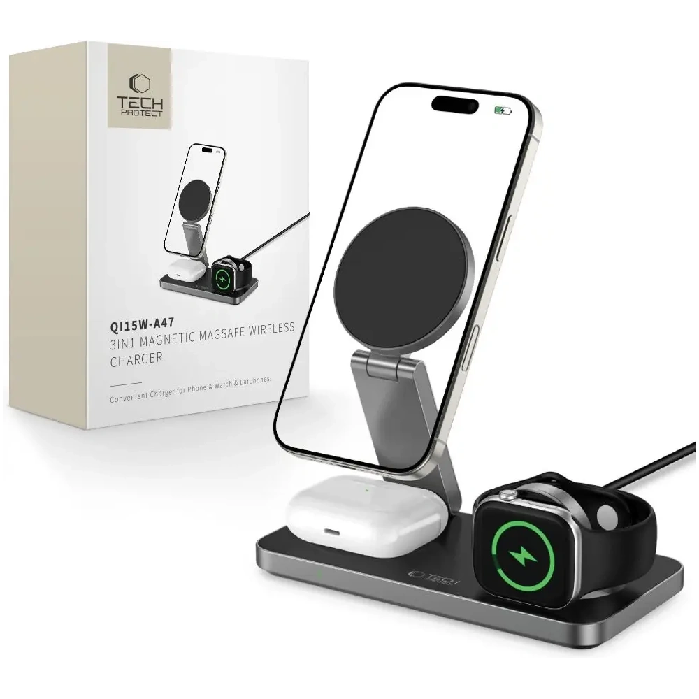 Ładowarka bezprzewodowa 3w1 Tech-Protect QI15W-A47 3in1 Magnetic MagSafe Wireless Charger Black
