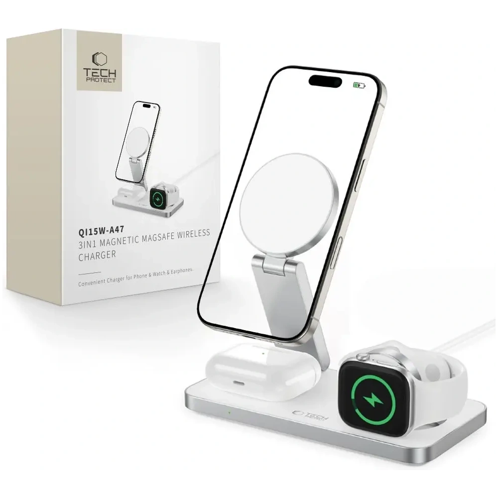Ładowarka bezprzewodowa 3w1 Tech-Protect QI15W-A47 3in1 Magnetic MagSafe Wireless Charger White