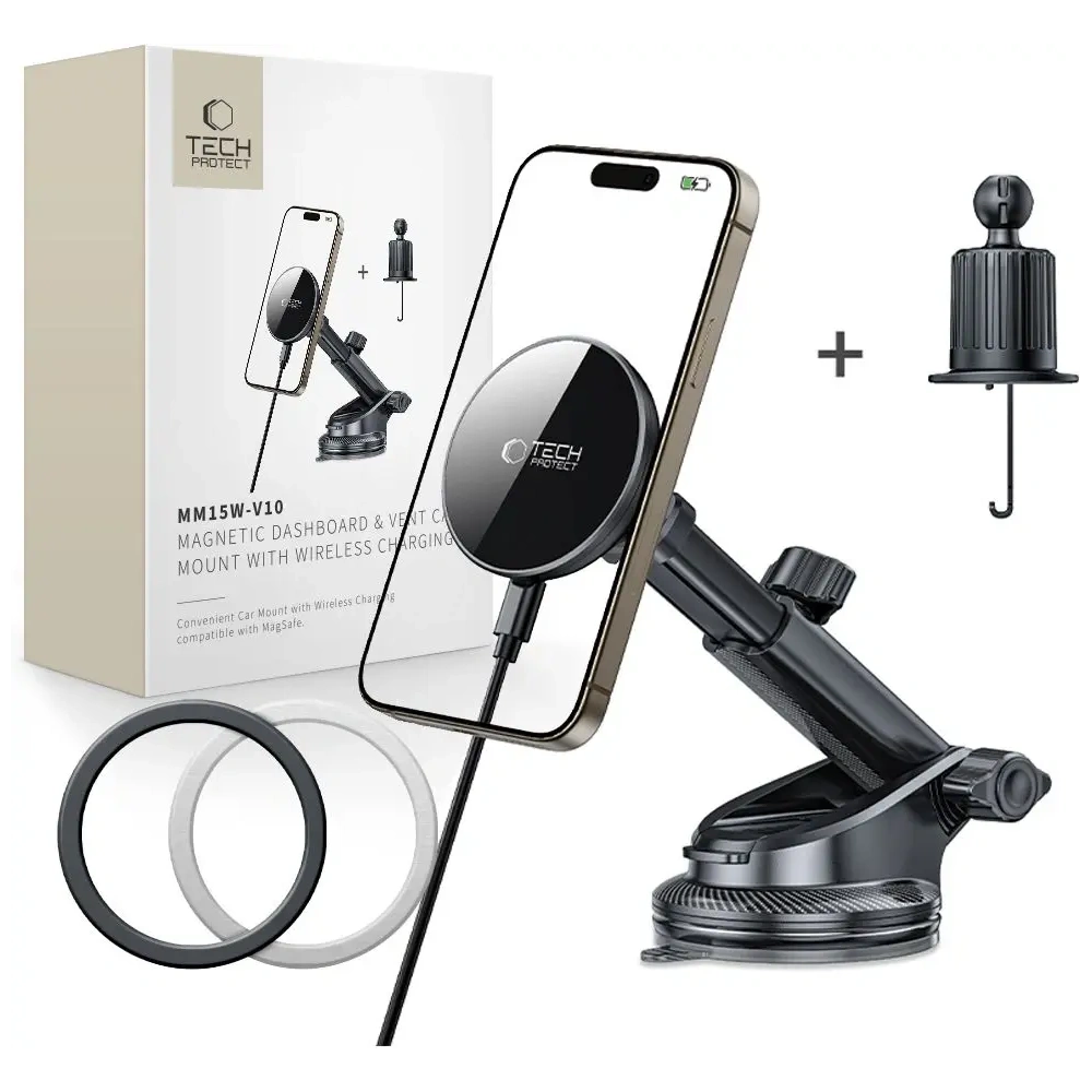 Uchwyt samochodowy na kokpit / do kratki z ładowarką bezprzewodową Tech-Protect MM15W-V10 Magnetic MagSafe Dashboard & Vent Car Mount Wireless Charger 15W Black