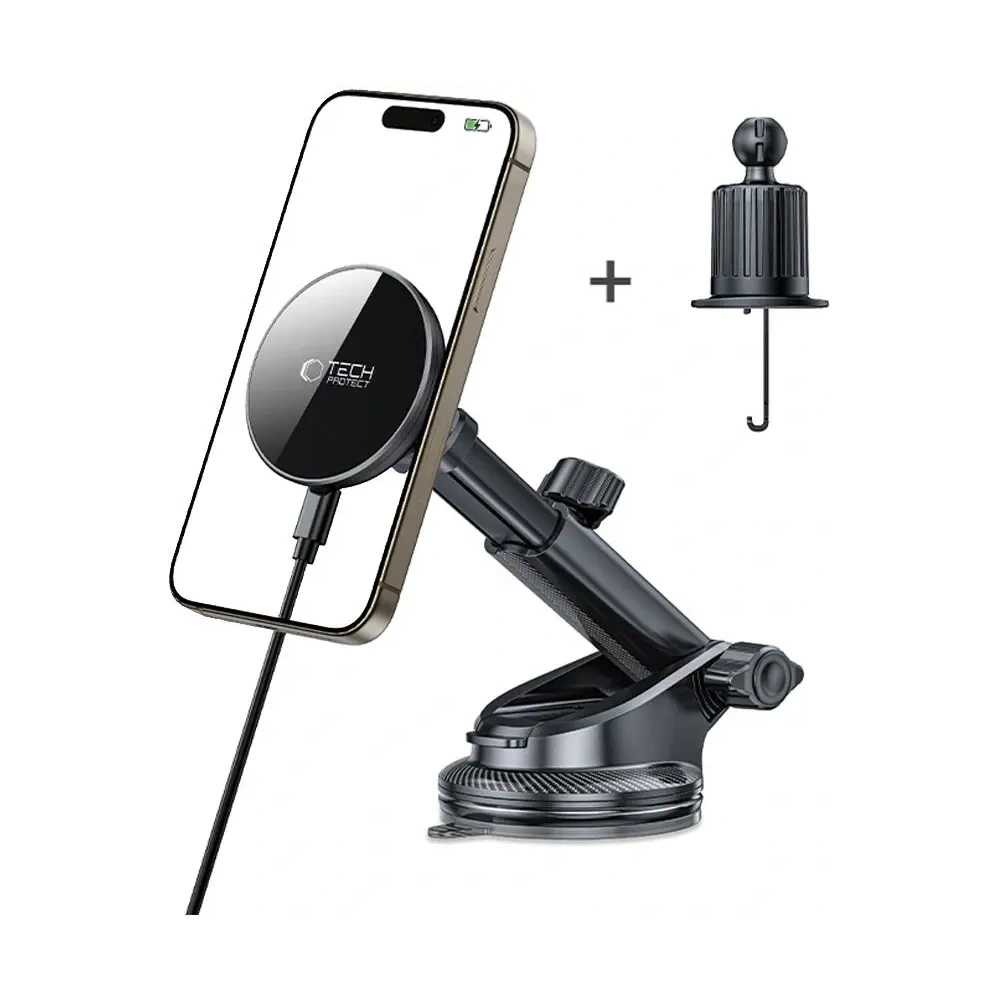 Uchwyt samochodowy na kokpit / do kratki z ładowarką bezprzewodową Tech-Protect MM15W-V10 Magnetic MagSafe Dashboard & Vent Car Mount Wireless Charger 15W Black
