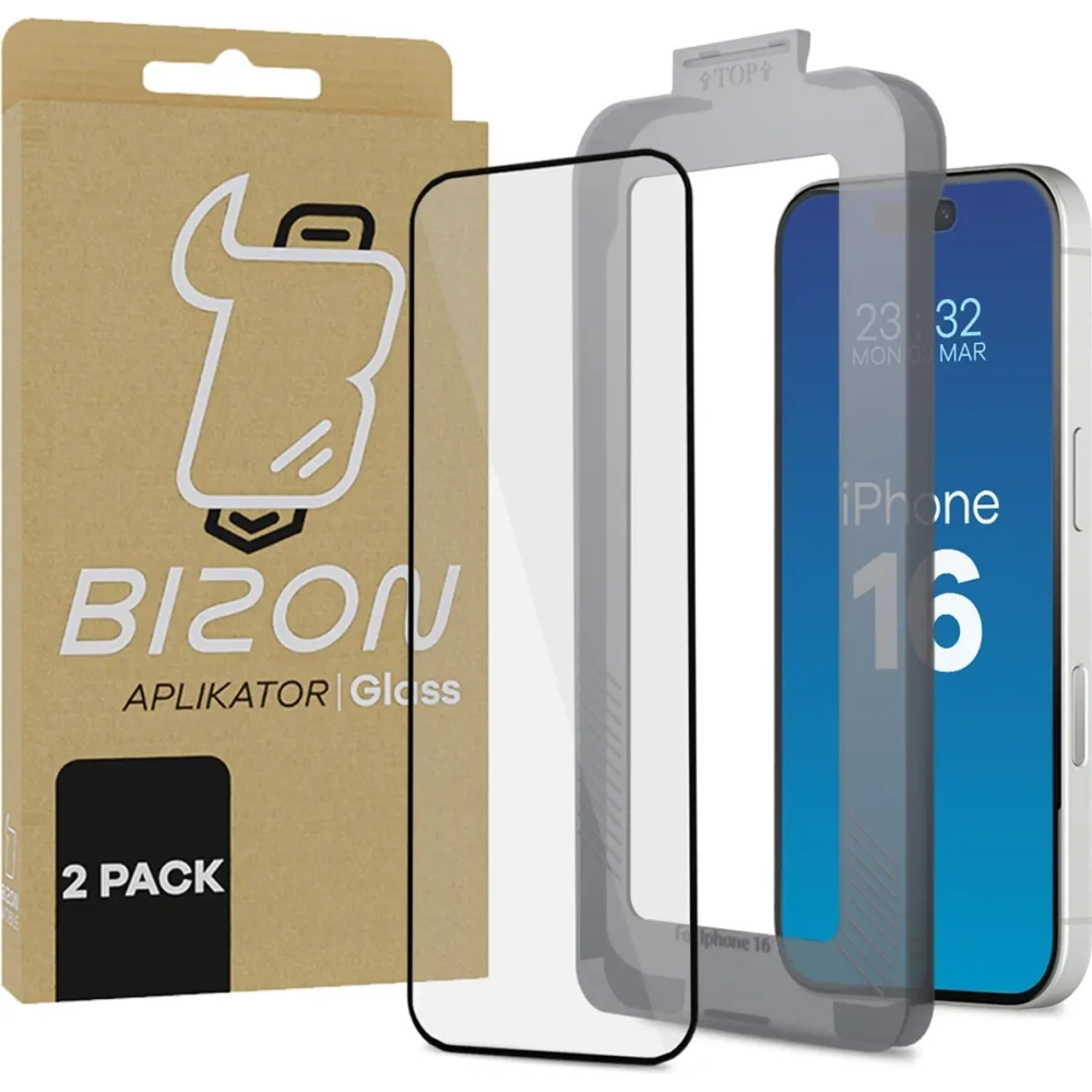Szkło hartowane z ramką do łatwej aplikacji Bizon Glass Aplikator do Apple iPhone 16 [2 PACK]