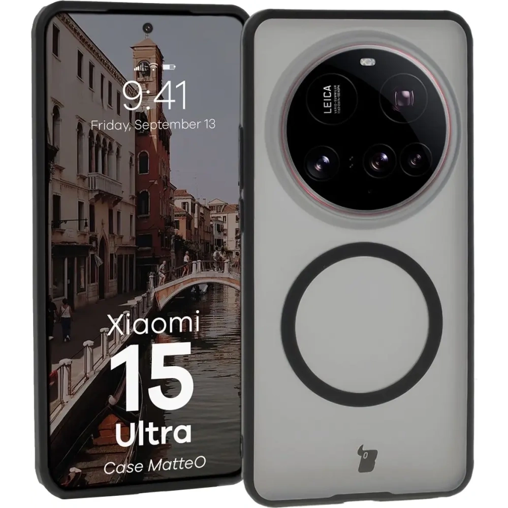 Etui z pierścieniem magnetycznym Bizon Case MatteO do Xiaomi 15 Ultra przydymione-czarne