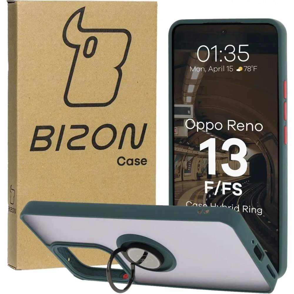Etui z uchwytem na palec Bizon Case Hybrid Ring do Oppo Reno13 F / FS przydymione z ciemnozieloną ramką