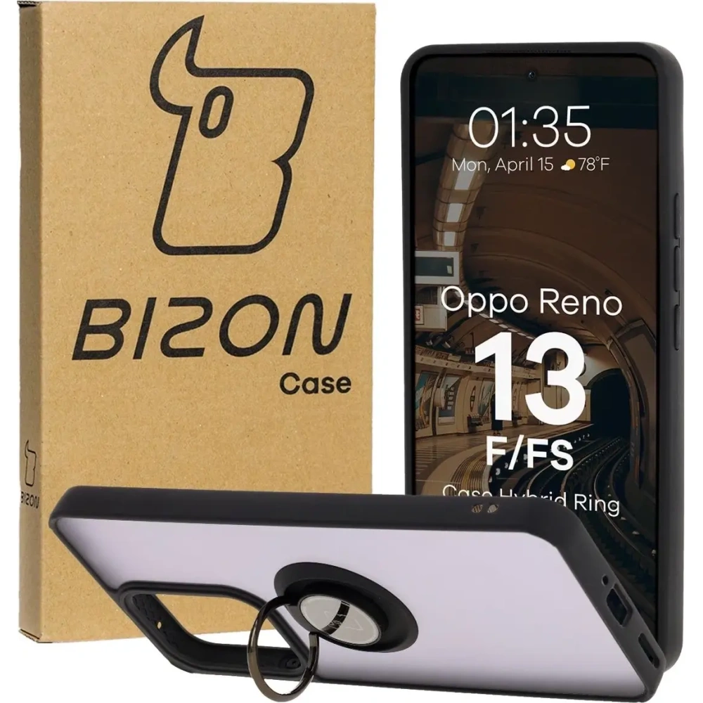 Etui z uchwytem na palec Bizon Case Hybrid Ring do Oppo Reno13 F / FS przydymione z czarną ramką