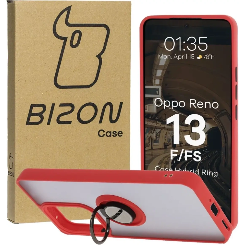 Etui z uchwytem na palec Bizon Case Hybrid Ring do Oppo Reno13 F / FS przydymione z czerwoną ramką
