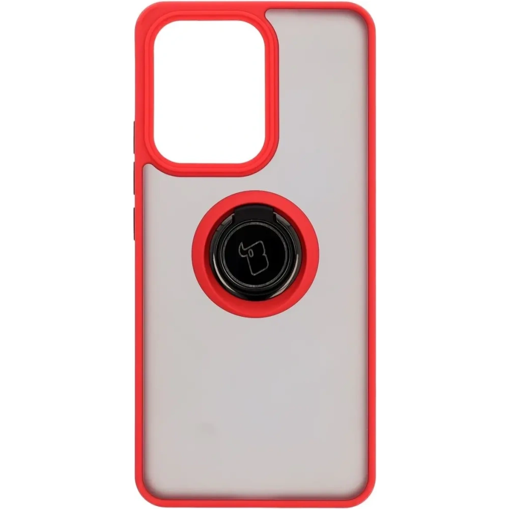 Etui z uchwytem na palec Bizon Case Hybrid Ring do Oppo Reno13 F / FS przydymione z czerwoną ramką