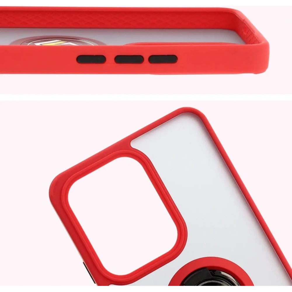 Etui z uchwytem na palec Bizon Case Hybrid Ring do Oppo Reno13 F / FS przydymione z czerwoną ramką