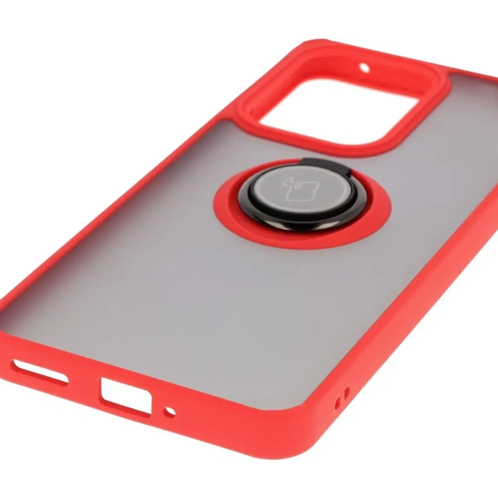 Etui z uchwytem na palec Bizon Case Hybrid Ring do Oppo Reno13 F / FS przydymione z czerwoną ramką