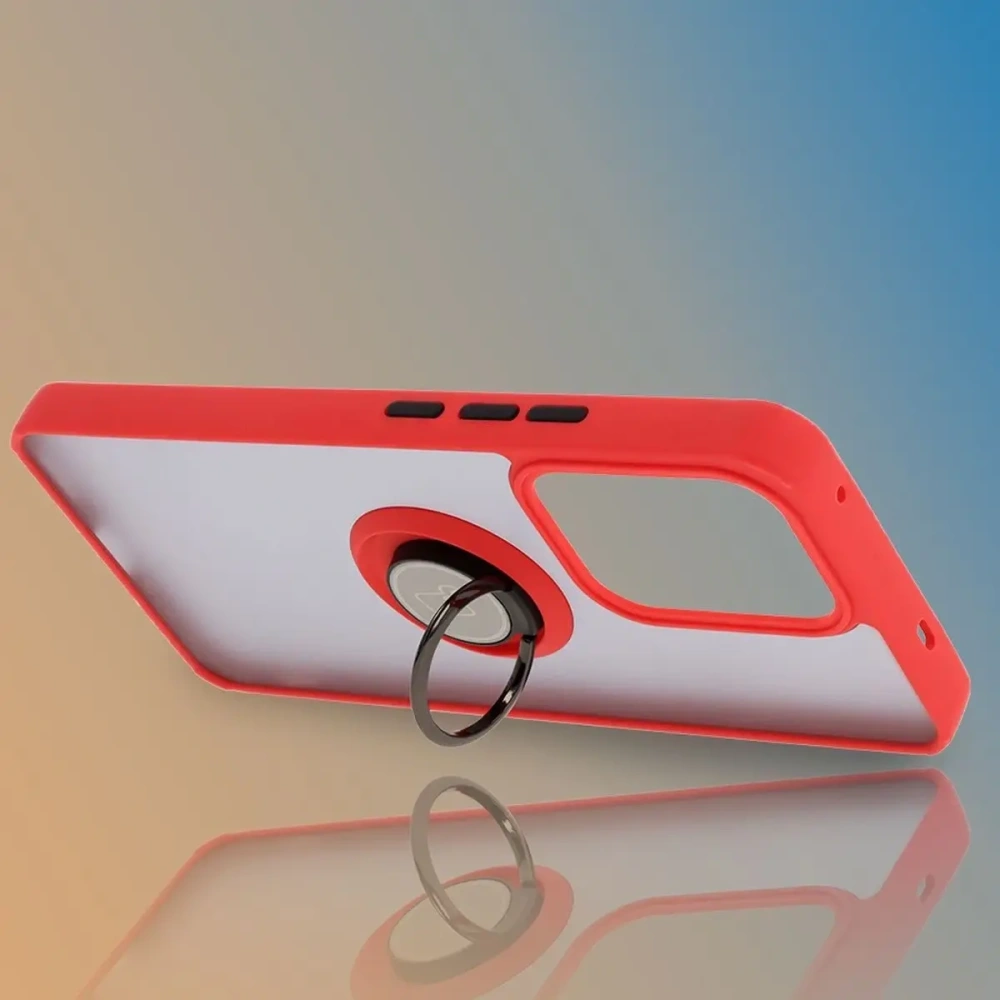 Etui z uchwytem na palec Bizon Case Hybrid Ring do Oppo Reno13 F / FS przydymione z czerwoną ramką