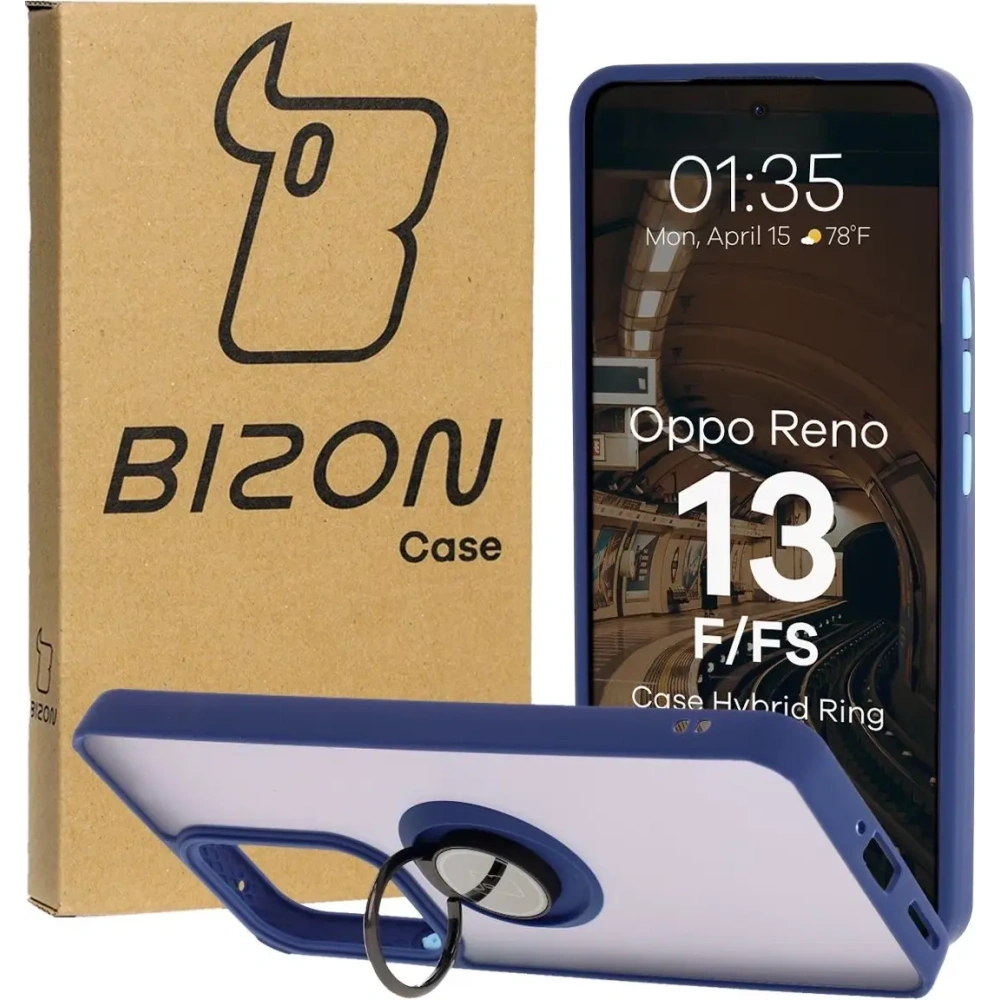 Etui z uchwytem na palec Bizon Case Hybrid Ring do Oppo Reno13 F / FS przydymione z granatową ramką