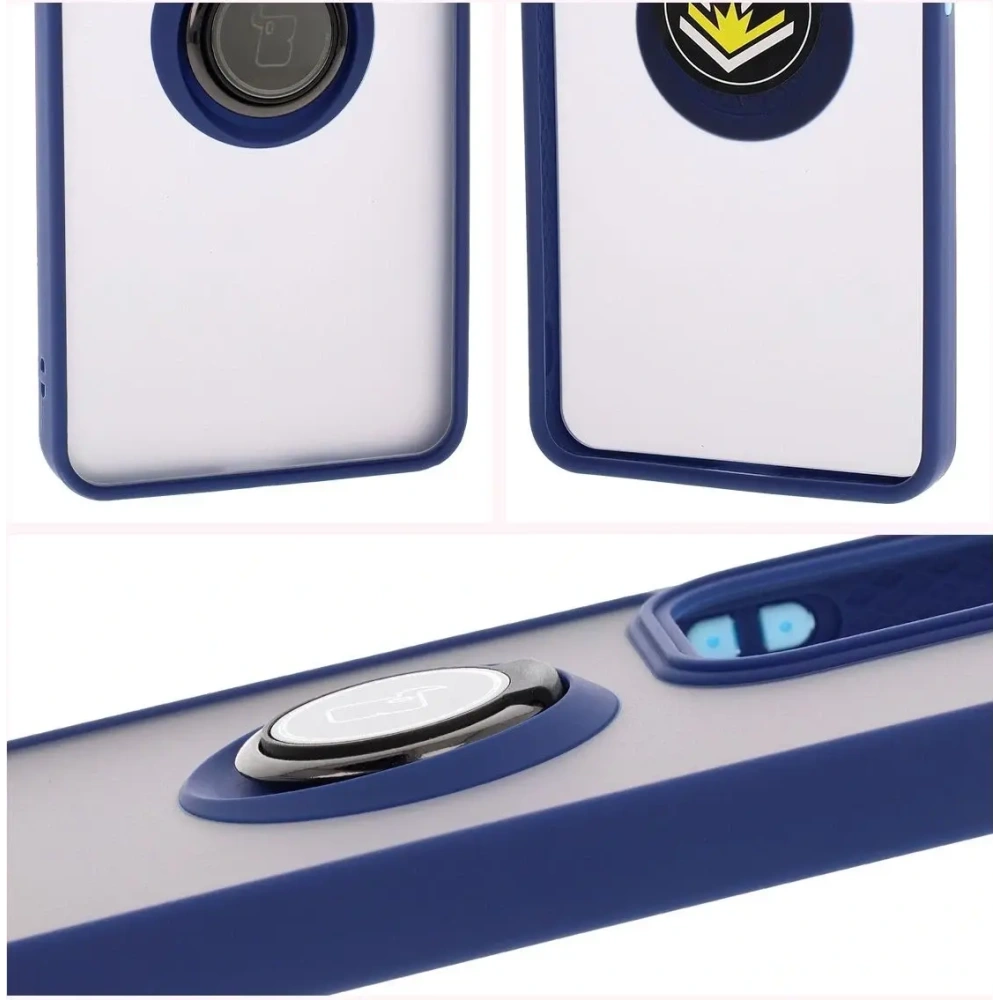 Etui z uchwytem na palec Bizon Case Hybrid Ring do Oppo Reno13 F / FS przydymione z granatową ramką