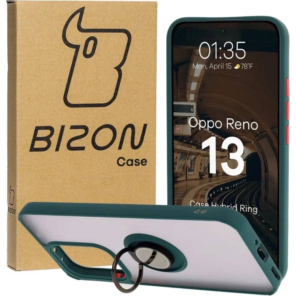Etui z uchwytem na palec Bizon Case Hybrid Ring do Oppo Reno13 przydymione z ciemnozieloną ramką