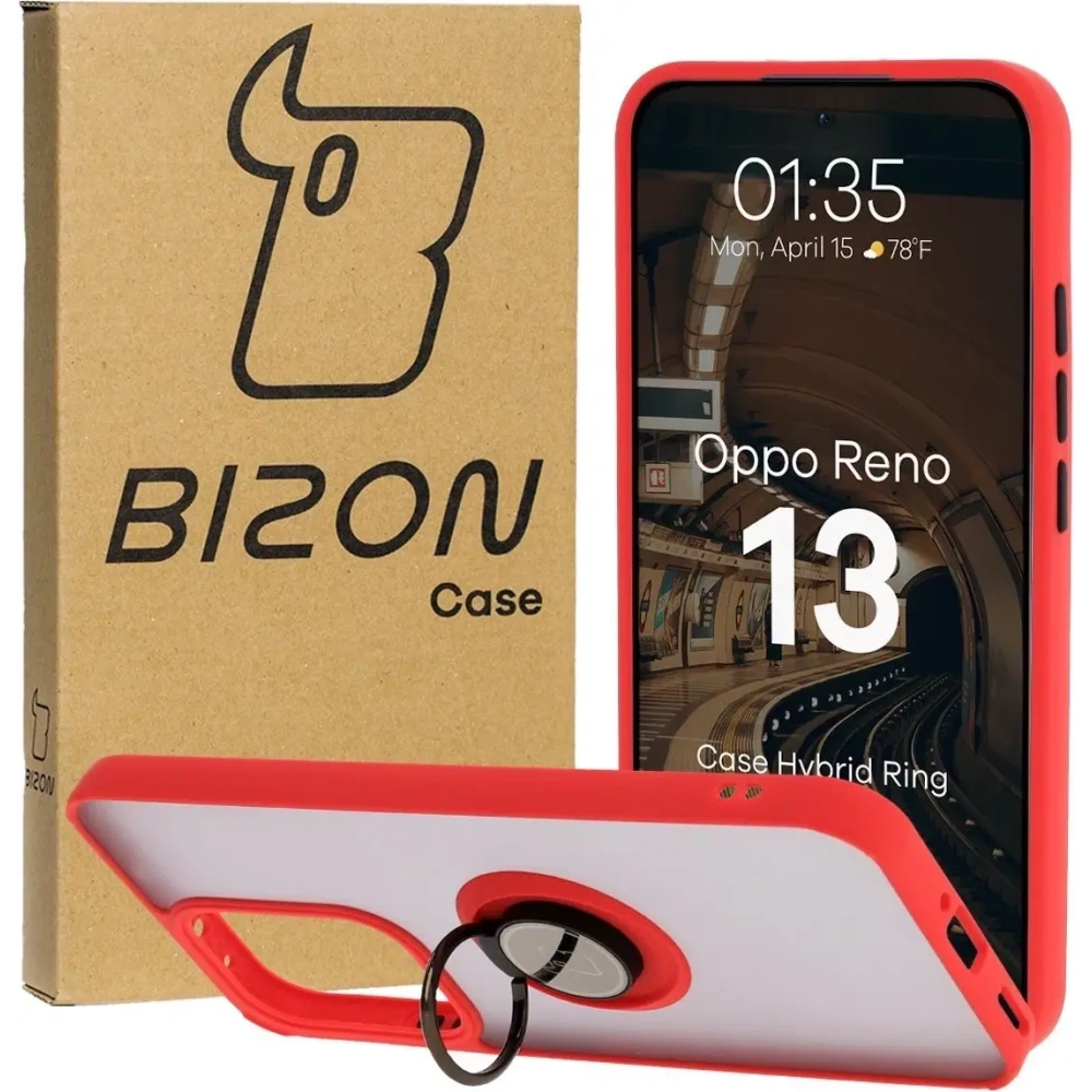 Etui z uchwytem na palec Bizon Case Hybrid Ring do Oppo Reno13 przydymione z czerwoną ramką
