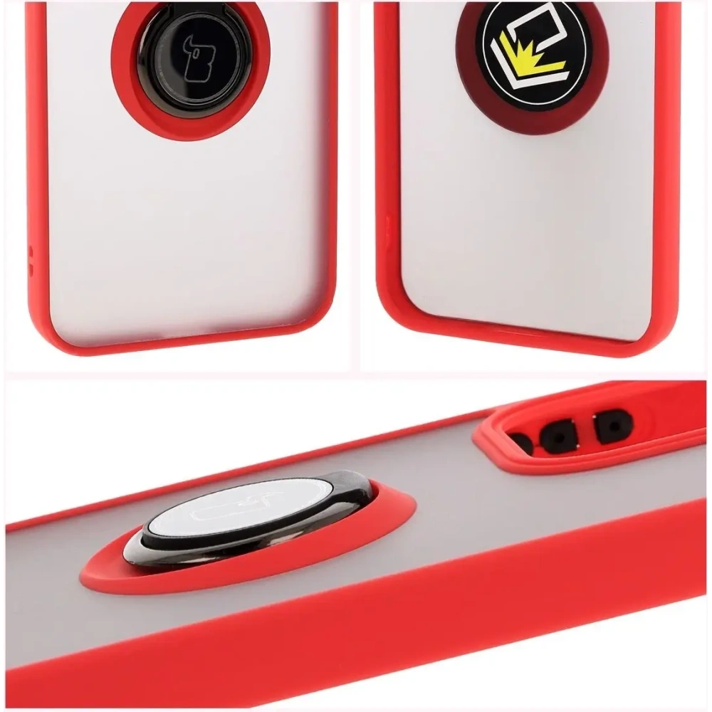 Etui z uchwytem na palec Bizon Case Hybrid Ring do Oppo Reno13 przydymione z czerwoną ramką