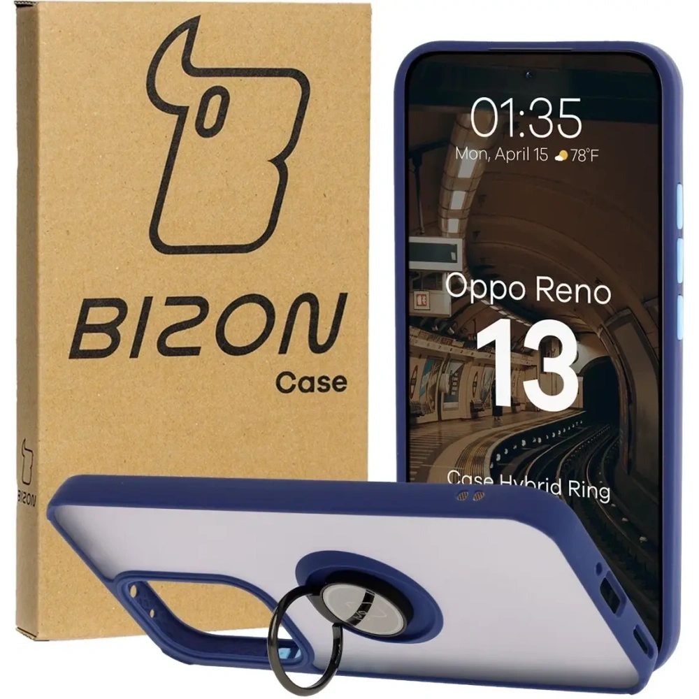 Etui z uchwytem na palec Bizon Case Hybrid Ring do Oppo Reno13 przydymione z granatową ramką