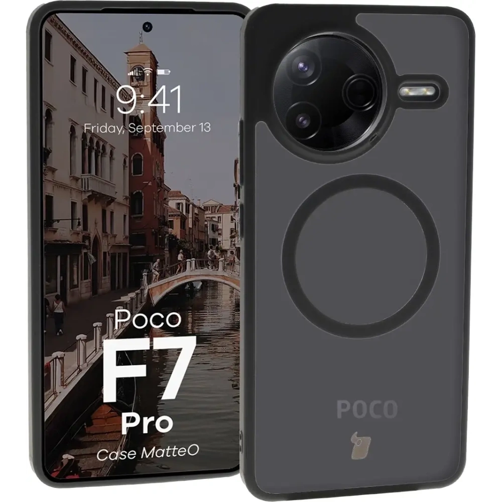 Etui z pierścieniem magnetycznym Bizon Case MatteO do Xiaomi Poco F7 Pro przydymione-czarne