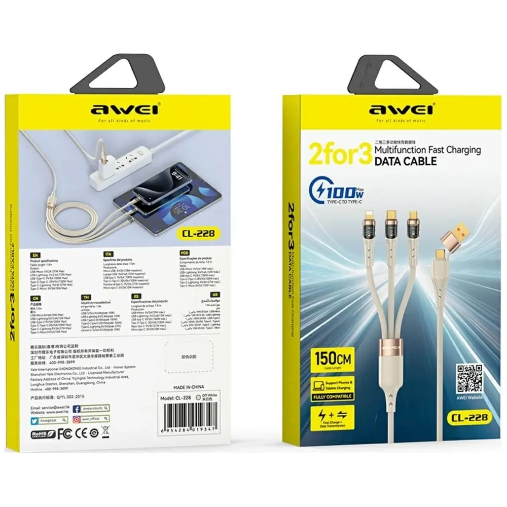 Kabel AWEI CL-228 USB-A,USB-C / USB-C, Lightning, microUSB czarny