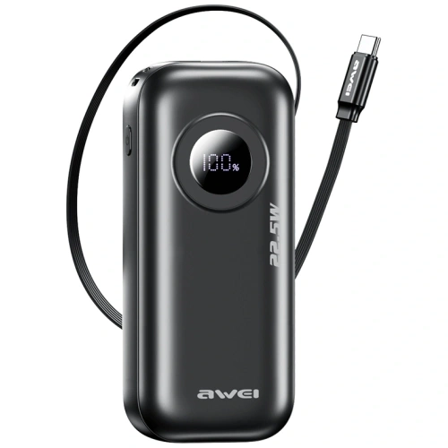 Buy AWEI PA-9 10000mAh 22.5W power bank with detachable USB-C cable black - AWEI249 - {ean13} - Home Screen Store Europe