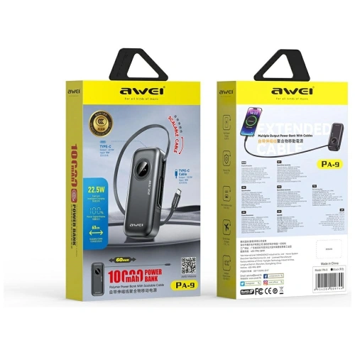 Kup AWEI PA-9 10000mAh 22,5W powerbanka s odnímatelným USB-C kabelem černá - AWEI249 - {ean13} - Sklep Home Screen