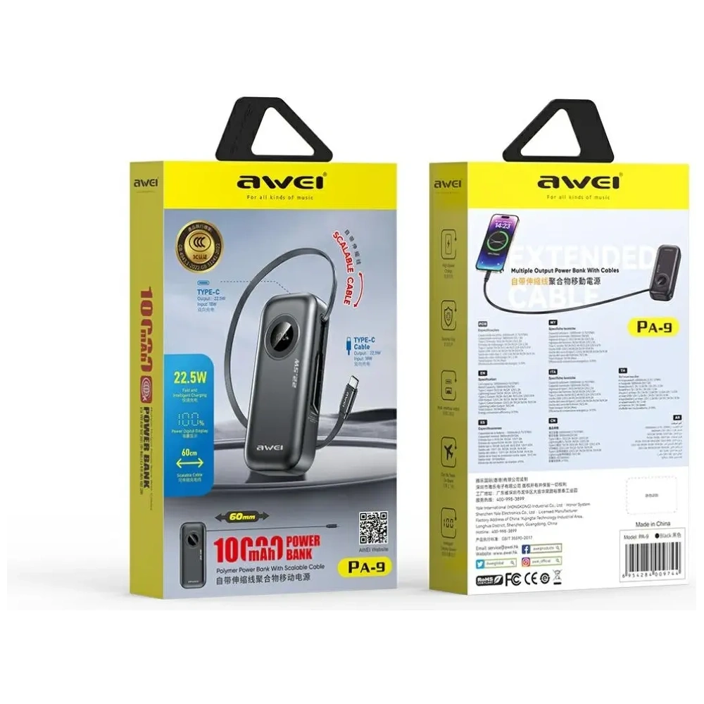 Powerbank AWEI PA-9 10000mAh 22.5W z wyciąganym kablem USB-C czarny