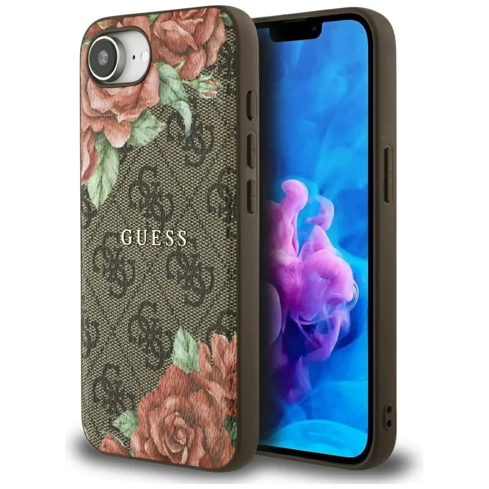 Etui Guess 4G Flowers Print MagSafe do Apple iPhone 16e brązowy
