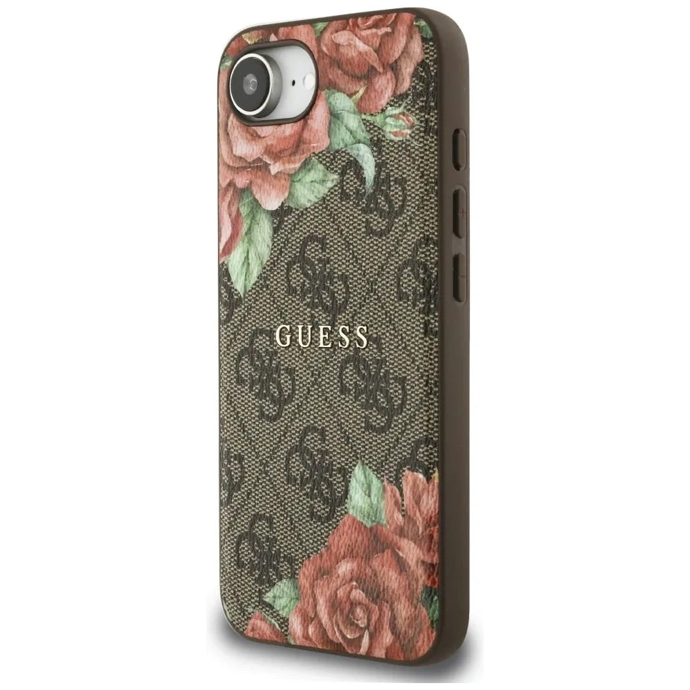 Etui Guess 4G Flowers Print MagSafe do Apple iPhone 16e brązowy