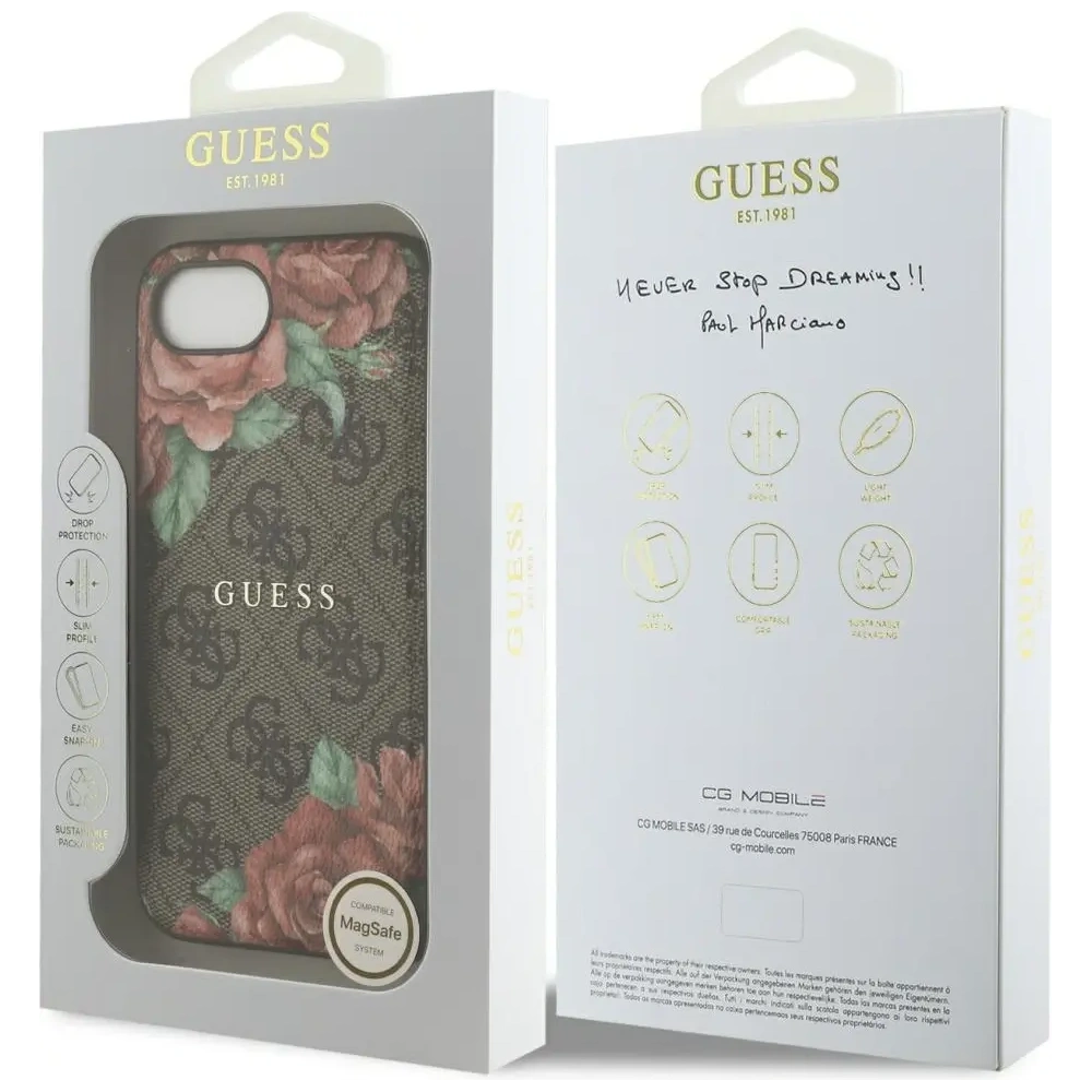 Etui Guess 4G Flowers Print MagSafe do Apple iPhone 16e brązowy