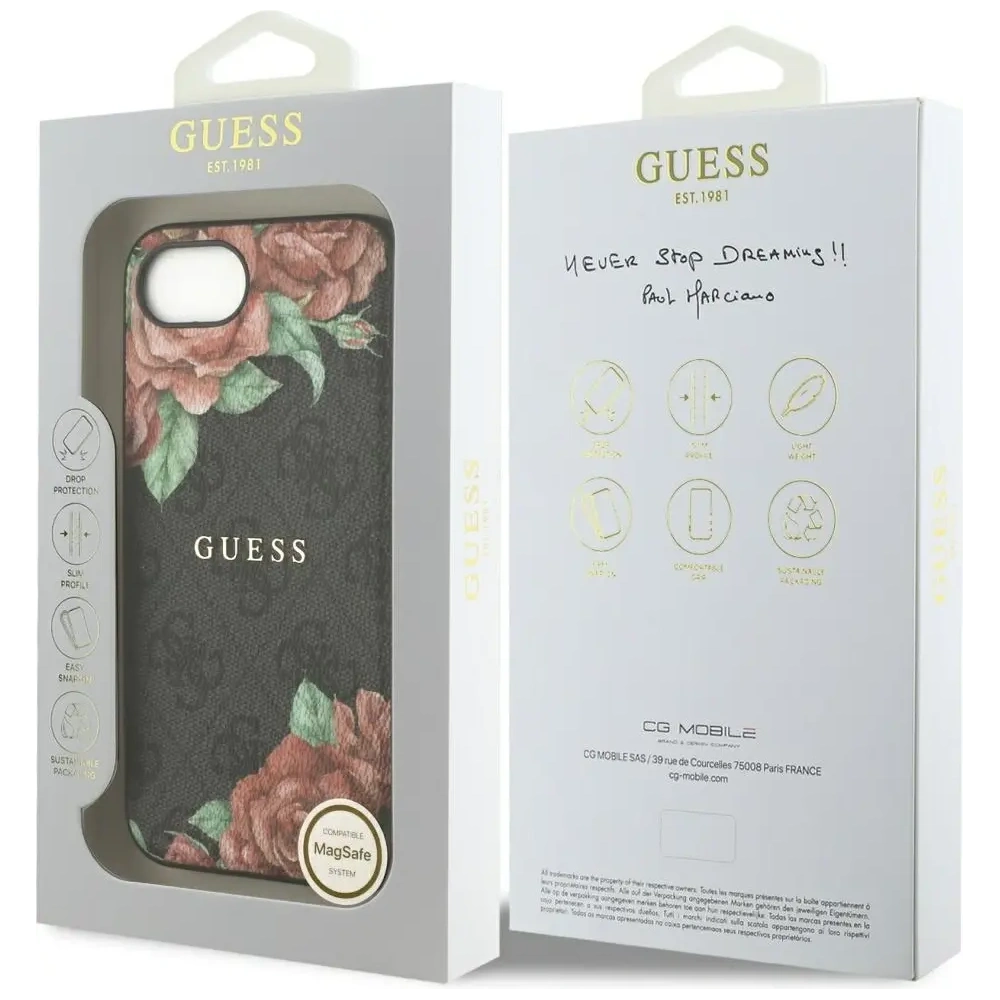 Etui Guess 4G Flowers Print MagSafe do Apple iPhone 16e czarny