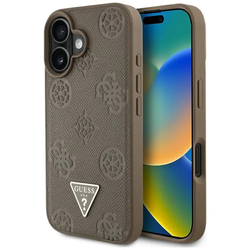 Etui Guess Grained Hot Stamp Peony Triangle Logo MagSafe do Apple iPhone 16 brązowy