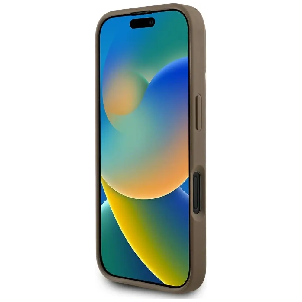 Etui Guess Grained Hot Stamp Peony Triangle Logo MagSafe do Apple iPhone 16 brązowy