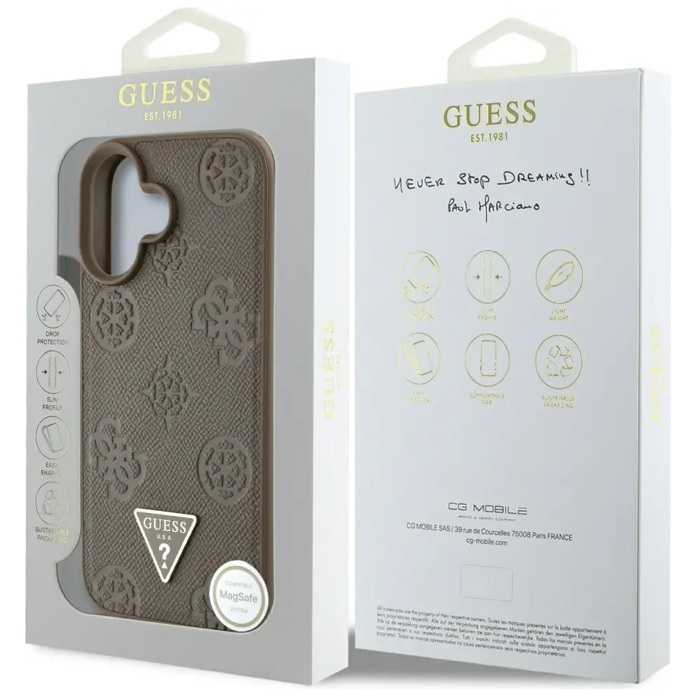 Etui Guess Grained Hot Stamp Peony Triangle Logo MagSafe do Apple iPhone 16 brązowy