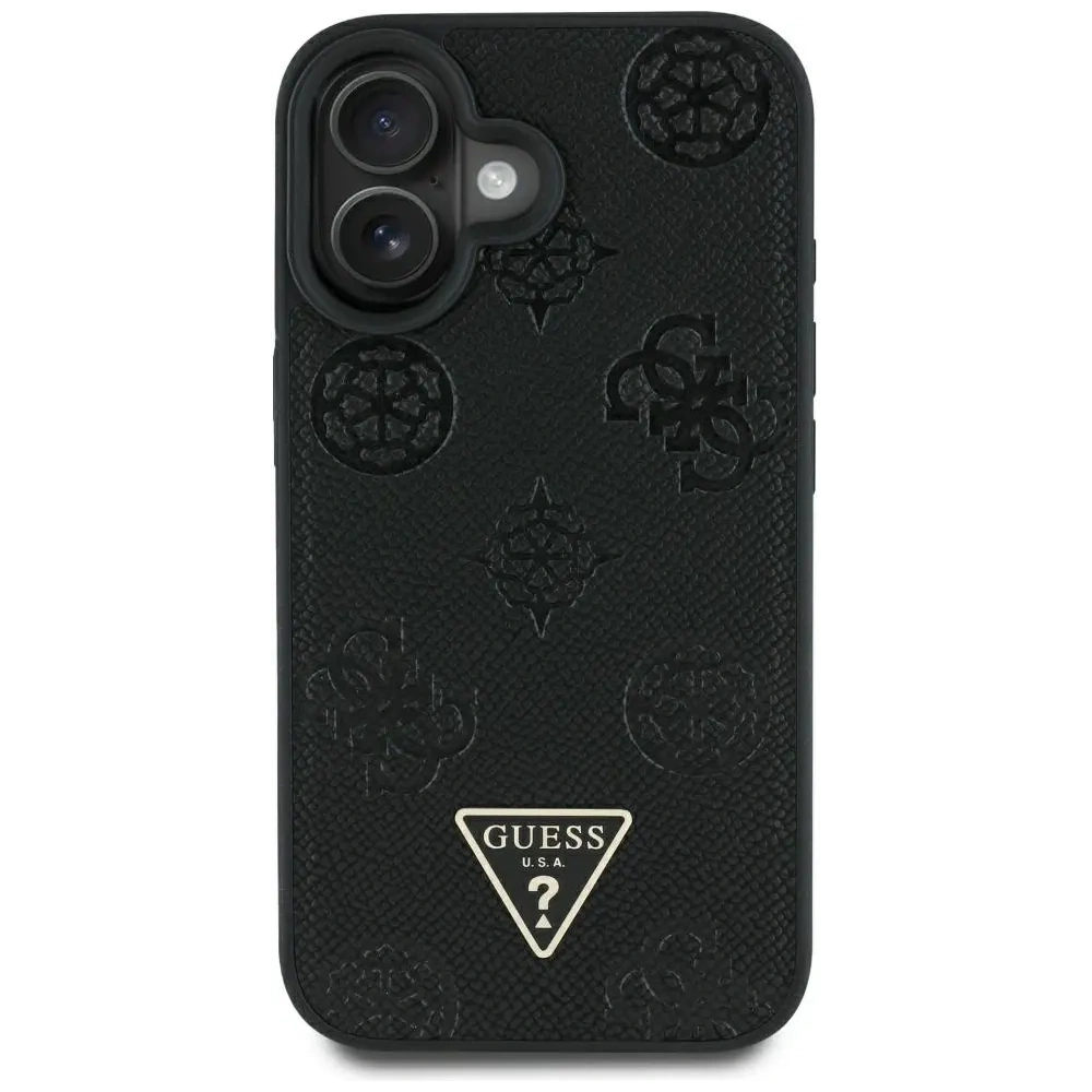 Etui Guess Grained Hot Stamp Peony Triangle Logo MagSafe do Apple iPhone 16 czarny