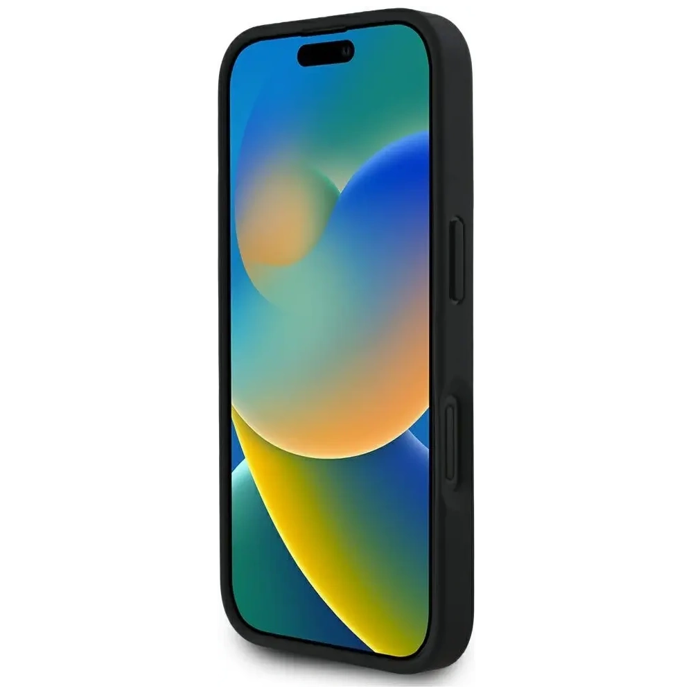 Etui Guess Grained Hot Stamp Peony Triangle Logo MagSafe do Apple iPhone 16 czarny