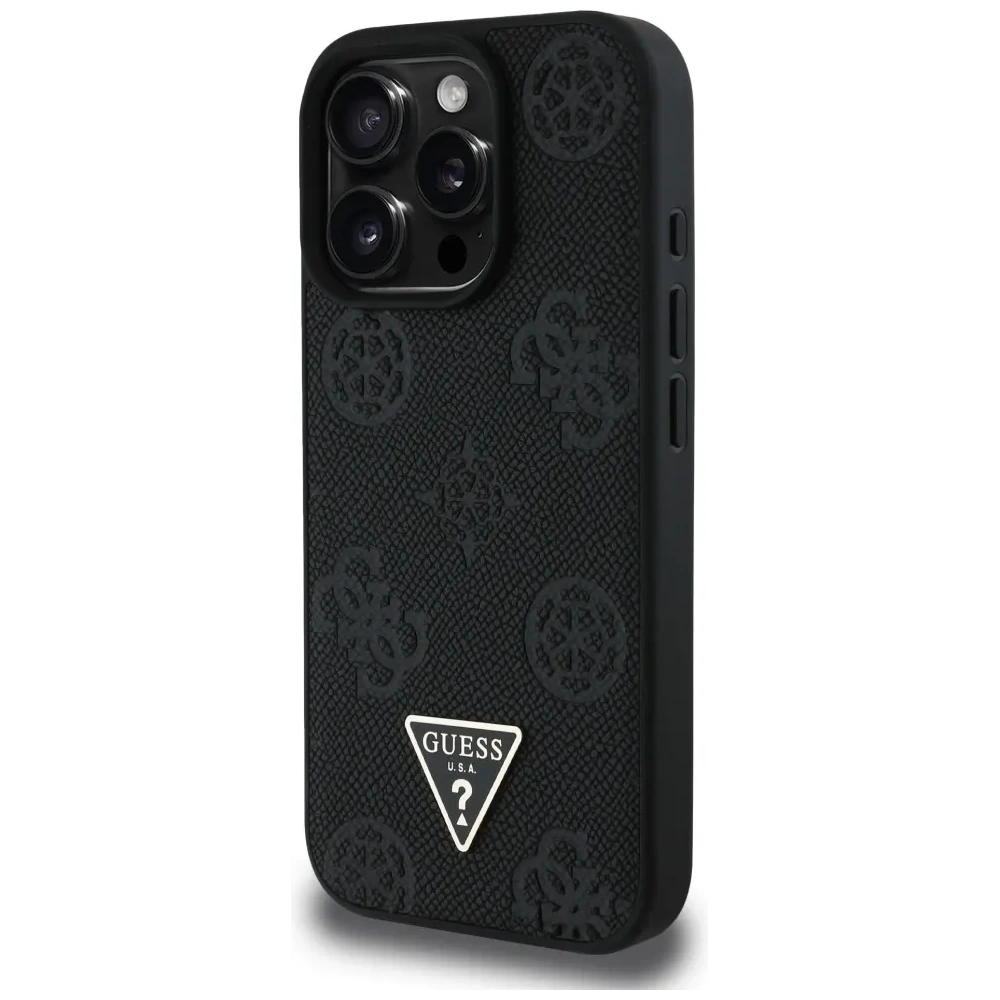 Etui Guess Grained Hot Stamp Peony Triangle Logo MagSafe do Apple iPhone 16 Pro czarny