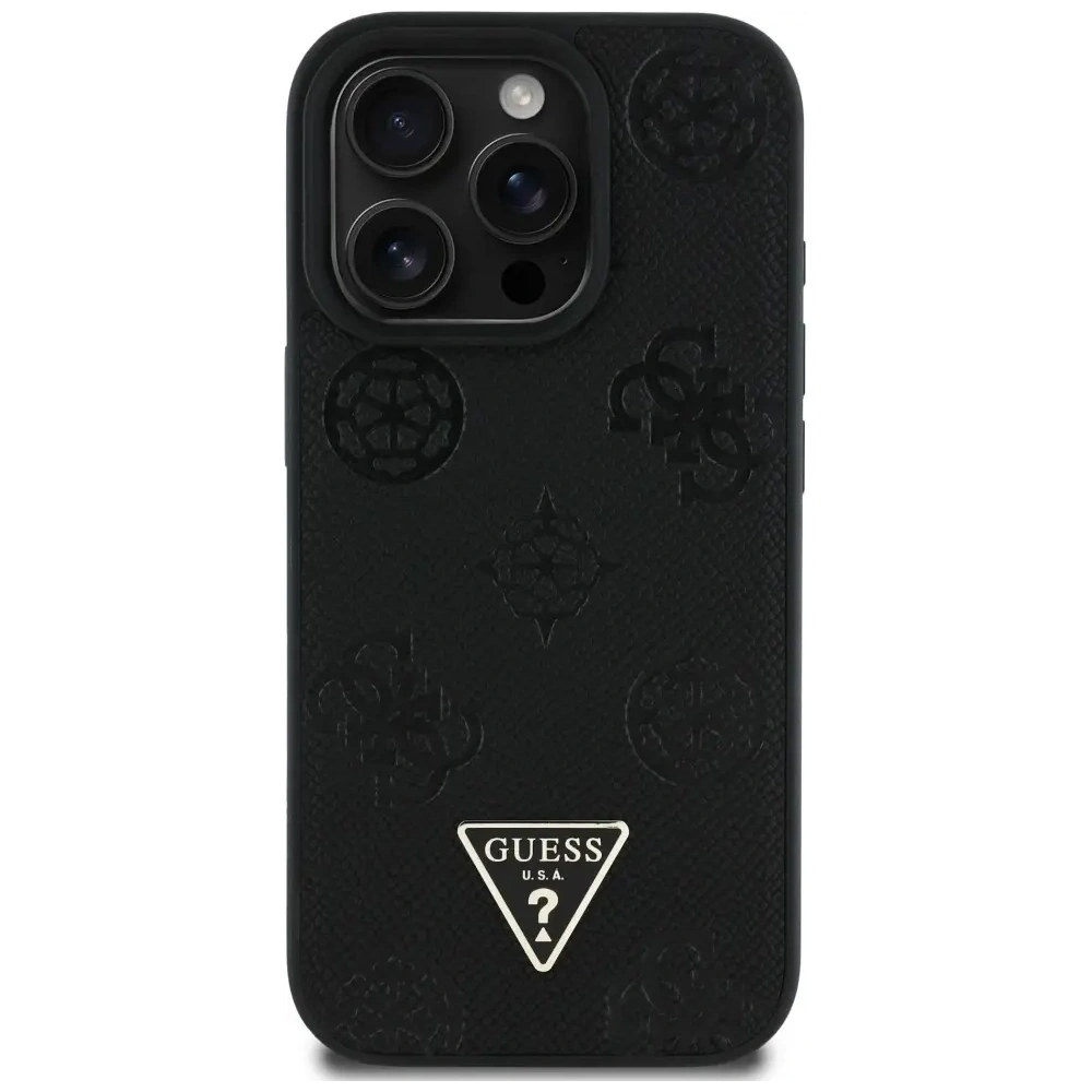 Etui Guess Grained Hot Stamp Peony Triangle Logo MagSafe do Apple iPhone 16 Pro czarny