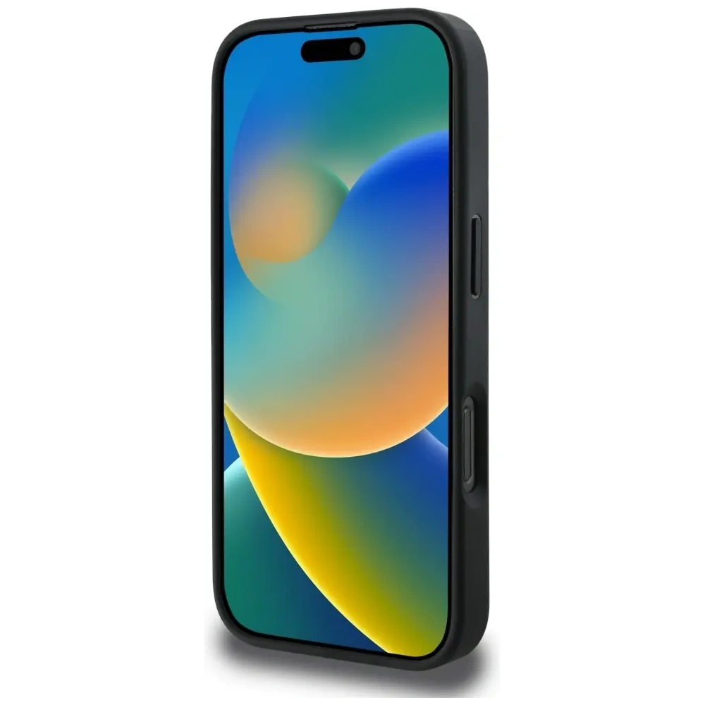 Etui Guess Grained Hot Stamp Peony Triangle Logo MagSafe do Apple iPhone 16 Pro czarny