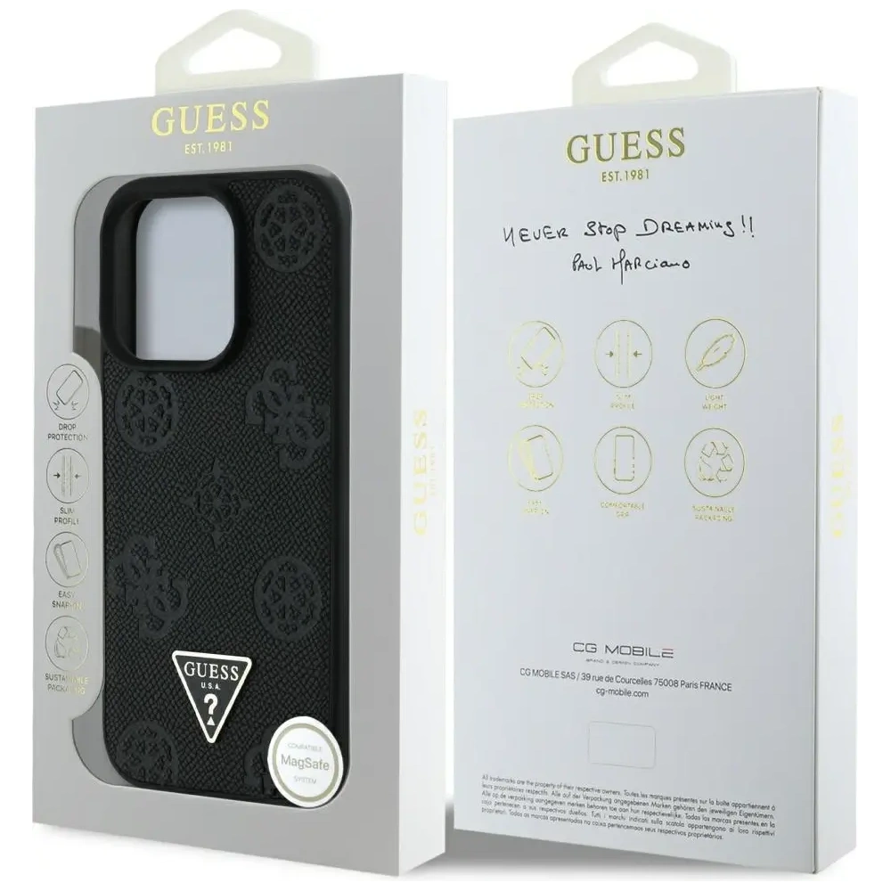 Etui Guess Grained Hot Stamp Peony Triangle Logo MagSafe do Apple iPhone 16 Pro Max czarny