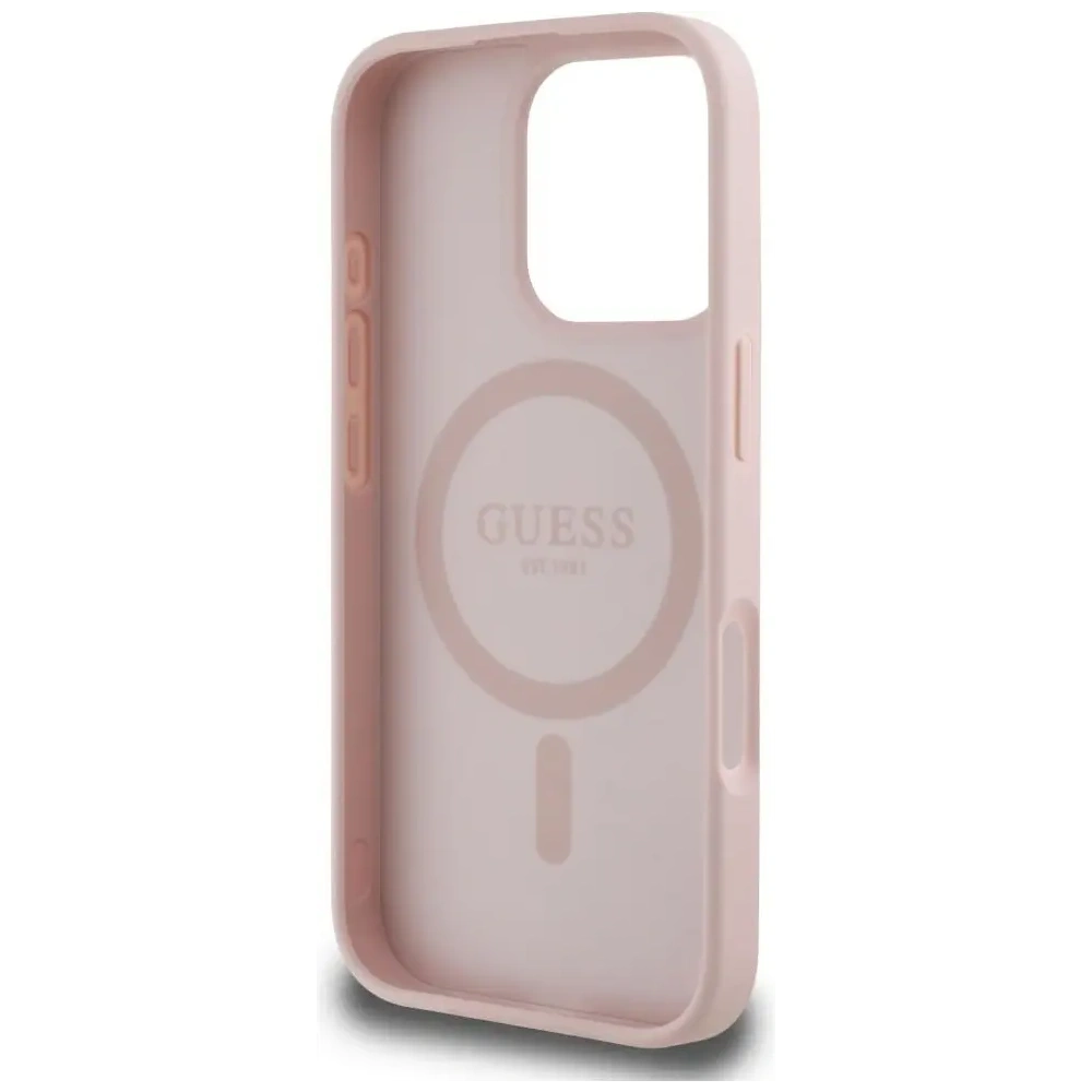 Etui Guess Grained Hot Stamp Peony Triangle Logo MagSafe do Apple iPhone 16 Pro Max różowy