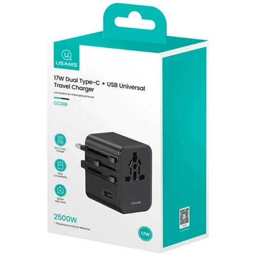 Buy USAMS Travel Adapter CC308 USB-C + USB-A 17W 4in1 US/AU/EU/UK black - USA1232 - {ean13} - Home Screen Store Europe