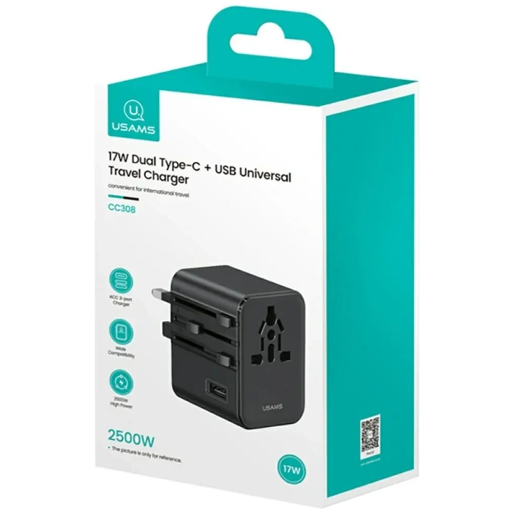 Ładowarka sieciowa USAMS Travel Adapter CC308 USB-C + USB-A 17W 4w1 US/AU/EU/UK czarny