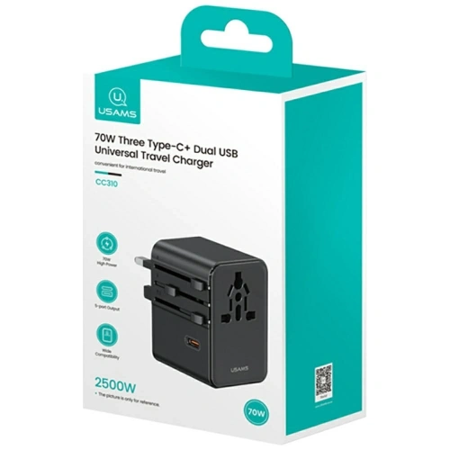Kup Adaptor de călătorie USAMS CC310 3xUSB-C 70W 4in1 US/AU/EU/UK negru - USA1233 - {ean13} - Sklep Home Screen