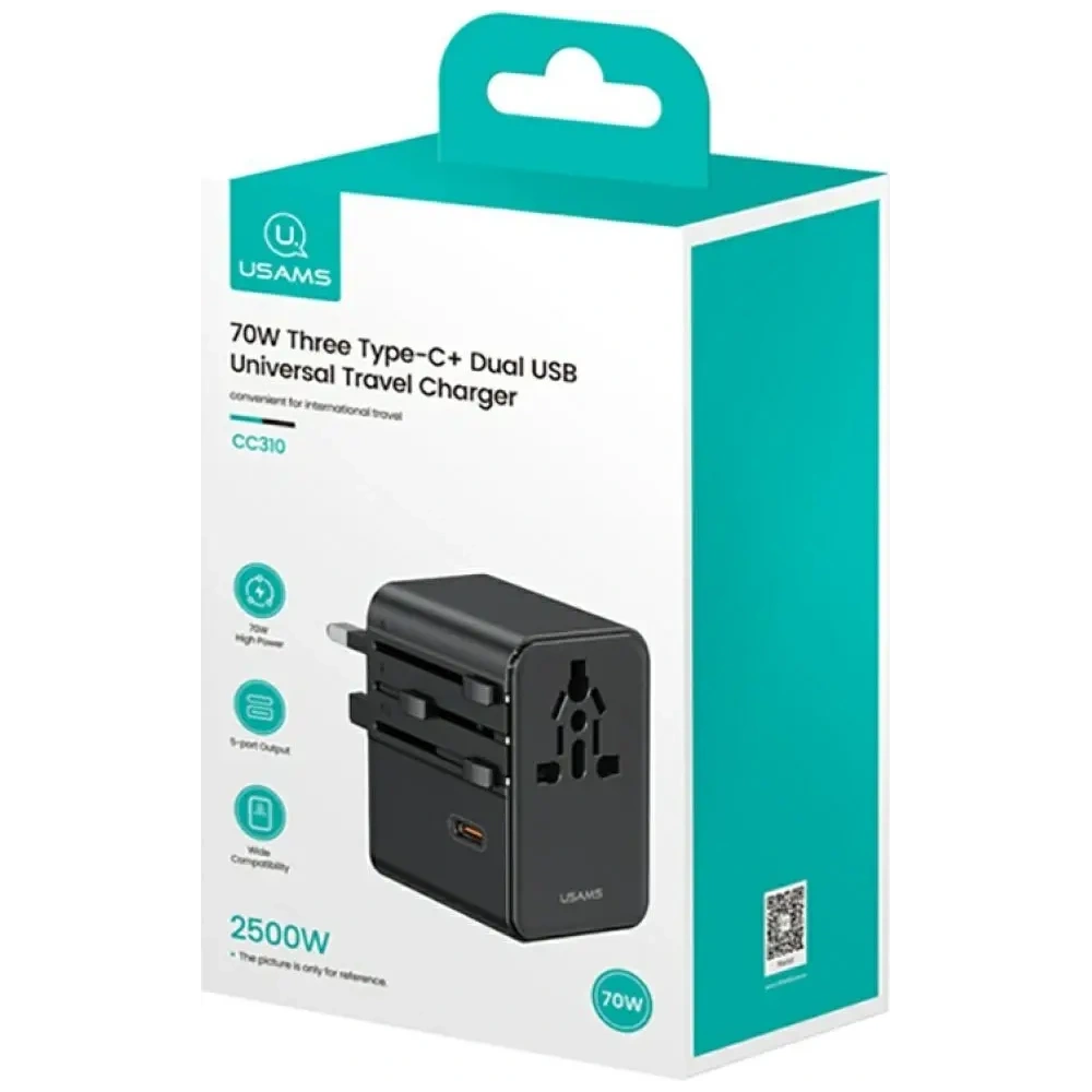 Ładowarka sieciowa USAMS Travel Adapter CC310 3xUSB-C 70W 4w1 US/AU/EU/UK czarny