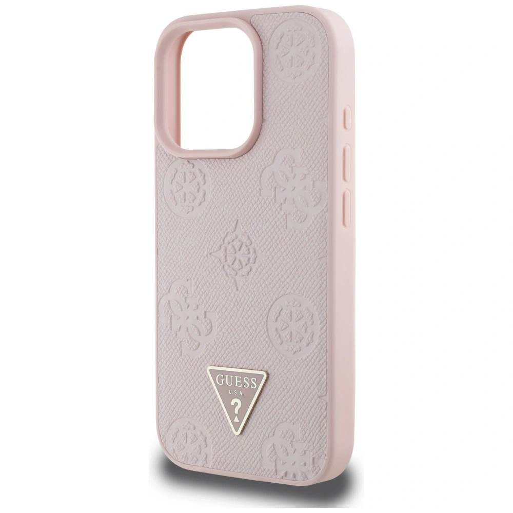 Etui Guess Grained Hot Stamp Peony Triangle Logo MagSafe do Apple iPhone 16 Pro różowy