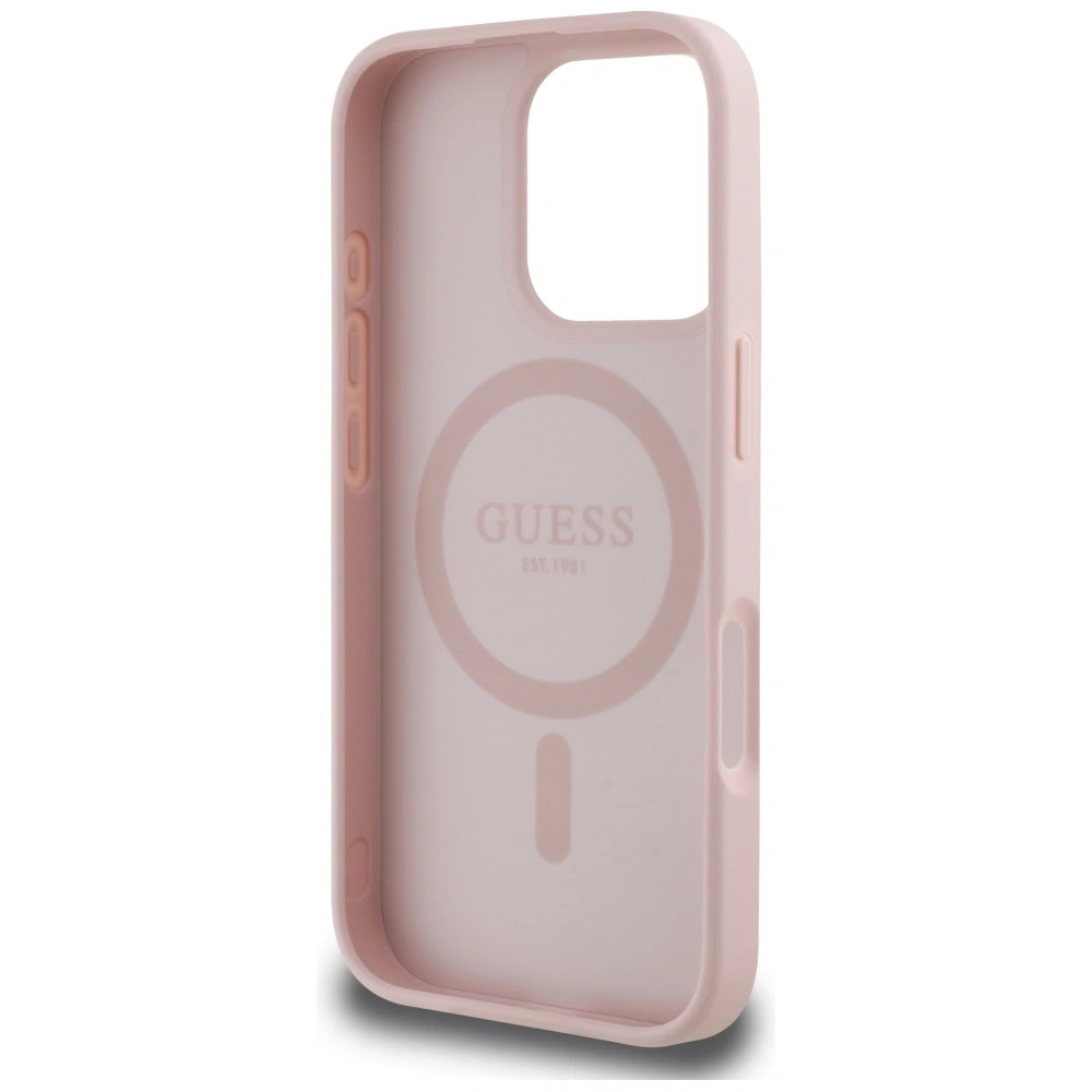 Etui Guess Grained Hot Stamp Peony Triangle Logo MagSafe do Apple iPhone 16 Pro różowy