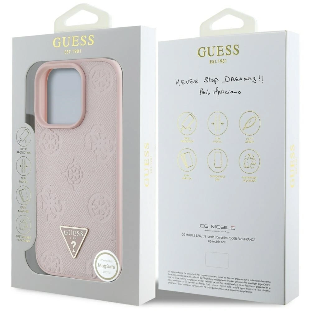 Etui Guess Grained Hot Stamp Peony Triangle Logo MagSafe do Apple iPhone 16 Pro różowy