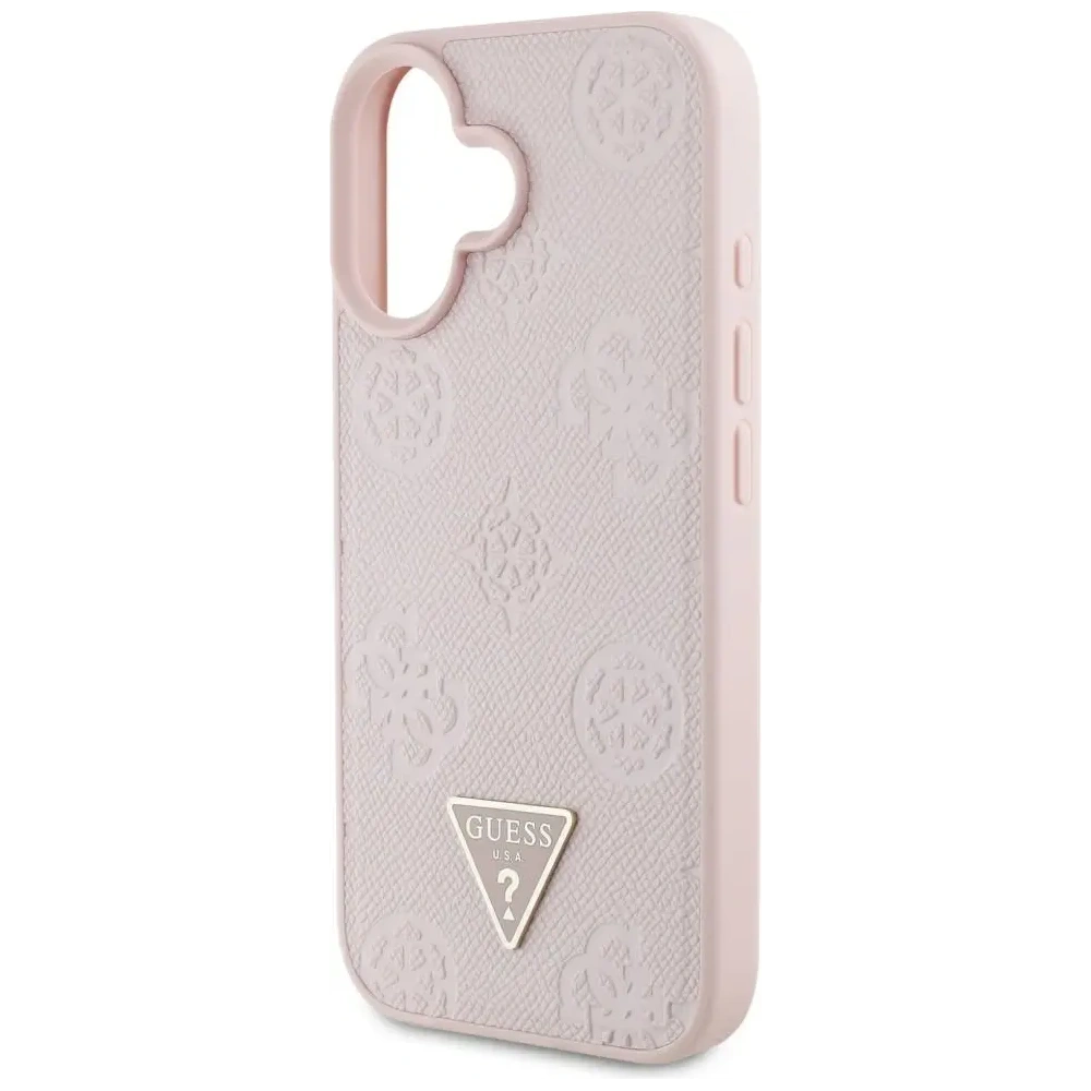 Etui Guess Grained Hot Stamp Peony Triangle Logo MagSafe do Apple iPhone 16 różowy