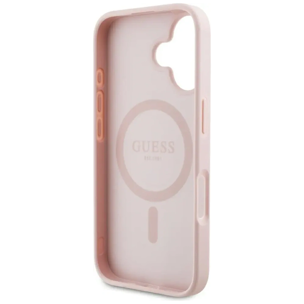 Etui Guess Grained Hot Stamp Peony Triangle Logo MagSafe do Apple iPhone 16 różowy