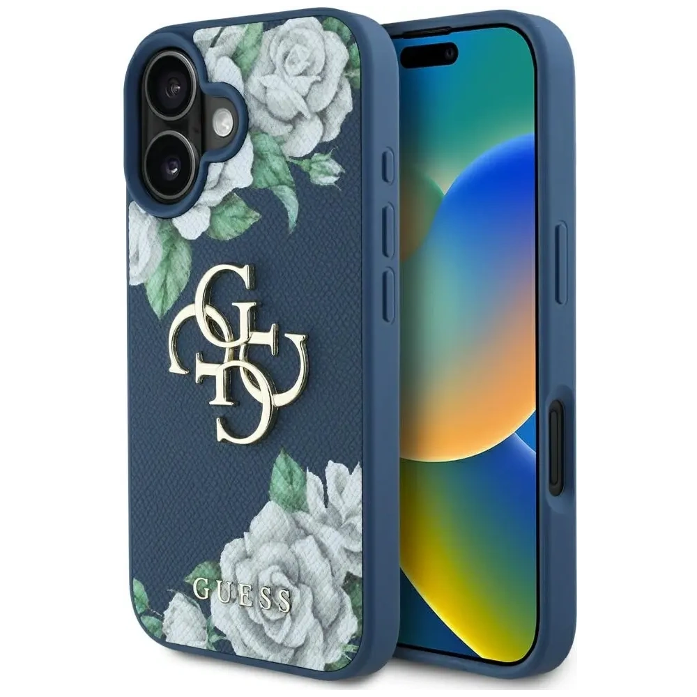 Etui Guess Grained Roses Big 4G logo do Apple iPhone 16 niebieski
