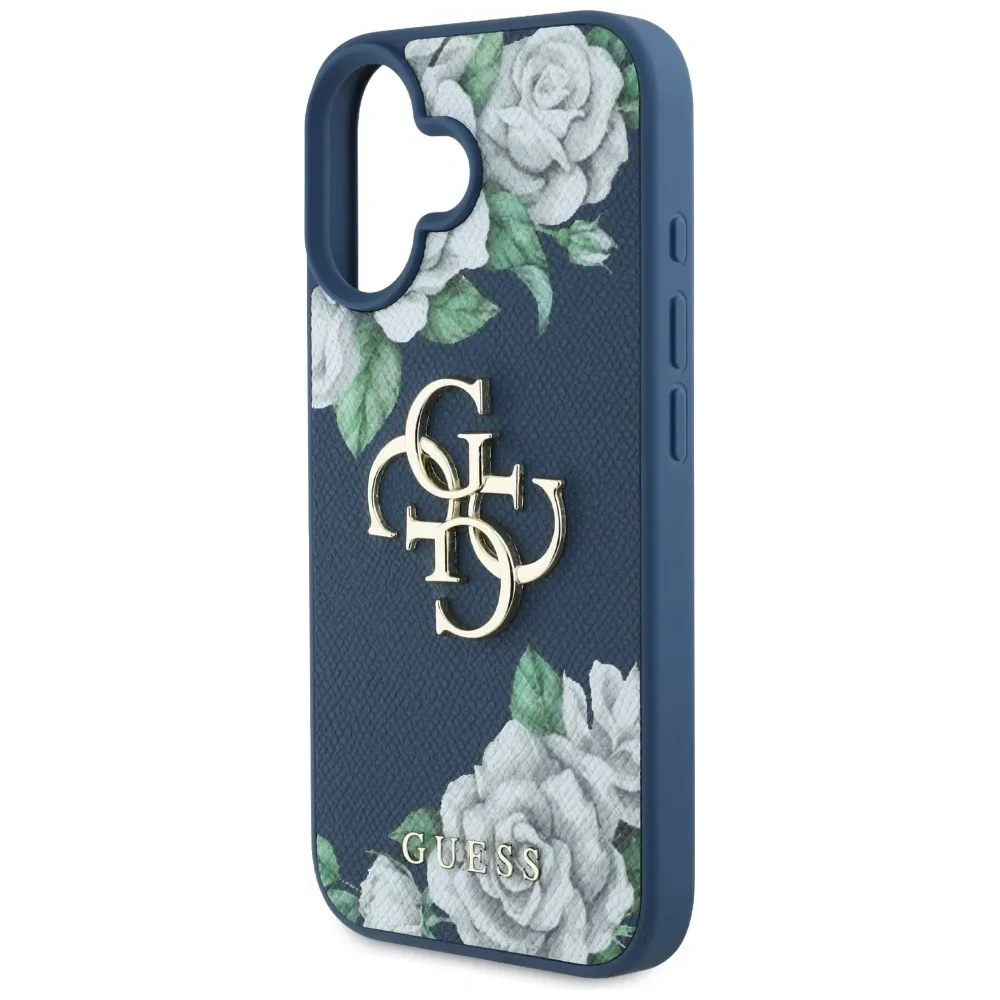 Etui Guess Grained Roses Big 4G logo do Apple iPhone 16 niebieski