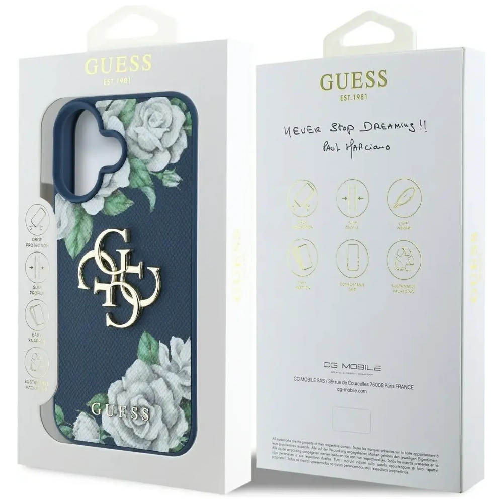 Etui Guess Grained Roses Big 4G logo do Apple iPhone 16 niebieski